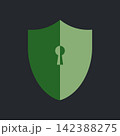 Cybersecurity shield icon with keyhole split in two shades of green, data protection and privacy symbol isolated on dark background, vector illustration 142388275