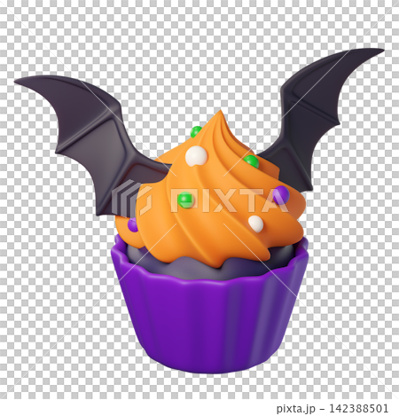 3d Cartoon Halloween cupcake with orange swirl frosting and bat wings on a purple wrapper isolated on background. Perfect for spooky decor, parties, games 142388501