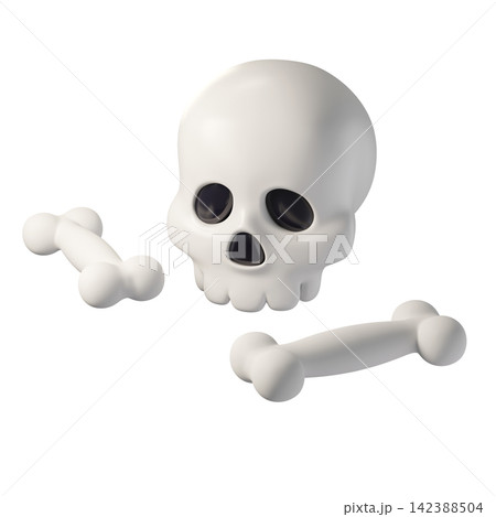 3d Cartoon white skull with bone props isolated on background. Playful Halloween decoration for games, branding, and party props. 142388504