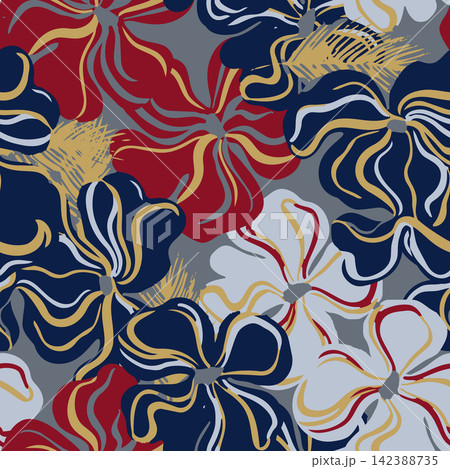 Artistic seamless floral pattern featuring painted Cotoneaster Frigidus blossoms with wavy brush strokes in navy blue, red, gold, and grey. Artistic seamless floral pattern featuring painted Cotoneaster Frigidus blossoms with wavy brush strokes in navy blue, red, gold, and grey. 142388735