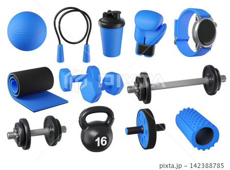Fitness 3D icon set. Gym equipment, healthy lifestyle and workout objects. Ball, rope, shaker bottle, boxing glove, smartwatch, mat, dumbbells, barbell, kettlebell. 142388785