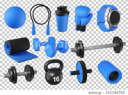 Fitness 3D icon set. Gym equipment, healthy lifestyle and workout objects. Ball, rope, shaker bottle, boxing glove, smartwatch, mat, dumbbells, barbell, kettlebell. Fitness 3D icon set. Gym equipment, healthy lifestyle and workout objects. Ball, rope, shaker bottle, boxing glove, smartwatch, mat, dumbbells, barbell, kettlebell. 142388785