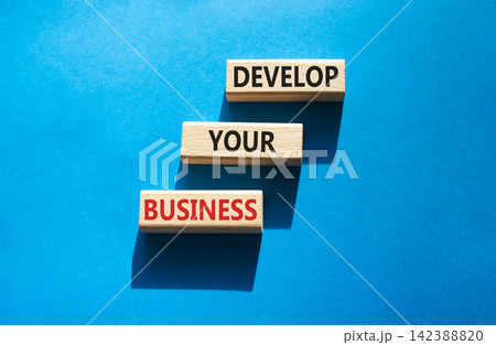 Develop your business symbol. Concept words develop your business on wooden blocks arranged as steps. Business growth and development concept. Blue background. Copy space. Develop your business symbol. Concept words develop your business on wooden blocks arranged as steps. Business growth and development concept. Blue background. Copy space. 142388820