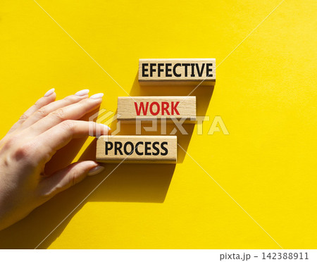 Effective work process symbol. Concept words effective work process on wooden blocks arranged as steps. Businessman hand arranging wooden blocks. Productivity and workflow concept. Yellow background. Effective work process symbol. Concept words effective work process on wooden blocks arranged as steps. Businessman hand arranging wooden blocks. Productivity and workflow concept. Yellow background. 142388911