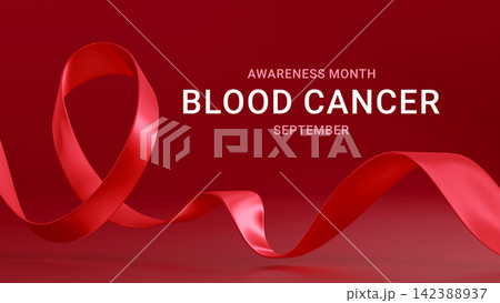 Blood Cancer Awareness banner. Red ribbon on red background. Ideal for campaigns, events, and educational materials, medical, and social causes. 3d render 142388937