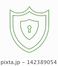 Green outline shield icon with keyhole and double border, cybersecurity and data protection concept, isolated on white background, vector line illustration 142389054