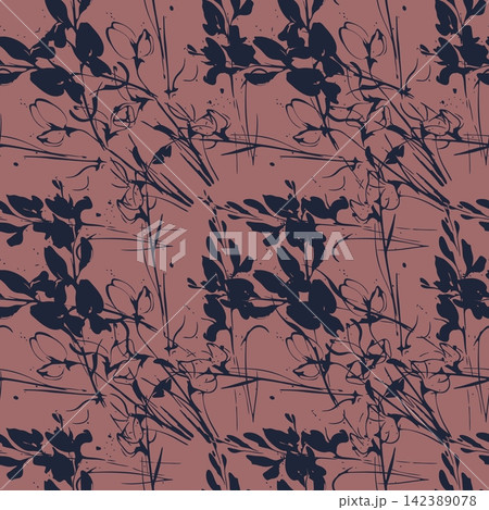 Abstract continuous Spanish broom wild botanical pattern with ink brush strokes and botanical silhouettes on terracotta background for fabric print. 142389078
