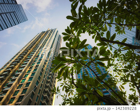 Low-angle view of modern glass skyscrapers and high-rise commercial office towers against the sky in the central business district of Jakarta, Indonesia. Low-angle view of modern glass skyscrapers and high-rise commercial office towers against the sky in the central business district of Jakarta, Indonesia. 142389228