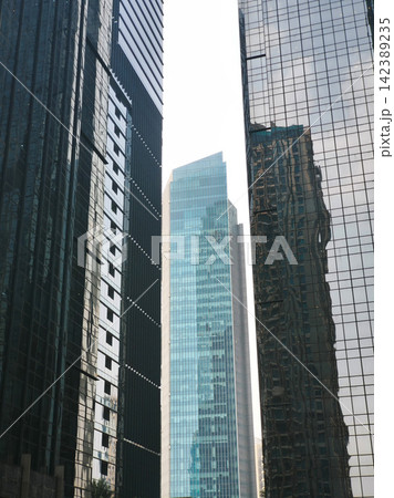 Low-angle view of modern glass skyscrapers and high-rise commercial office towers against the sky in the central business district of Jakarta, Indonesia. Low-angle view of modern glass skyscrapers and high-rise commercial office towers against the sky in the central business district of Jakarta, Indonesia. 142389235