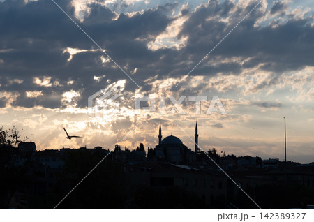 Istanbul,turkey,august 2, 2025. Istanbul sunset with mosque silhouette, domes and minarets above rooftops, bird flying through dramatic cloudy golden sky Istanbul,turkey,august 2, 2025. Istanbul sunset with mosque silhouette, domes and minarets above rooftops, bird flying through dramatic cloudy golden sky 142389327