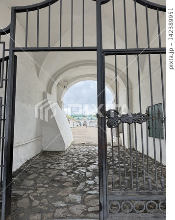 View through ornate iron gate onto cobblestone path and old architectural archway background View through ornate iron gate onto cobblestone path and old architectural archway background 142389951