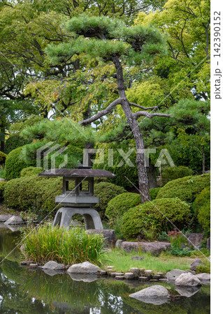 A serene Japanese garden with a weathered stone lantern in the foreground amidst lush greenery 142390152