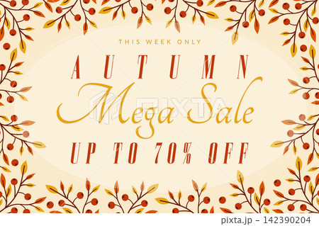autumn mega sale vector banner template with botanical frame and discount text. 142390204
