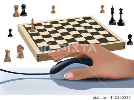 Hand using computer mouse playing online chess game Hand using computer mouse playing online chess game 142390546