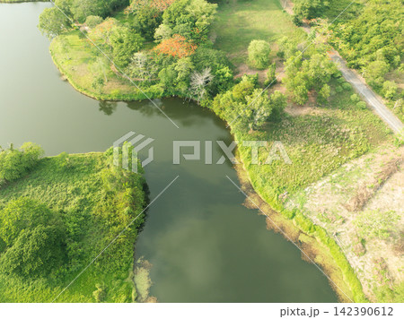 Aerial view of a tranquil freshwater lake. Water sustainability, biodiversity, conservation. Water resources, climate resilience. Biodiversity protection and sustainable water management practices. Aerial view of a tranquil freshwater lake. Water sustainability, biodiversity, conservation. Water resources, climate resilience. Biodiversity protection and sustainable water management practices. 142390612