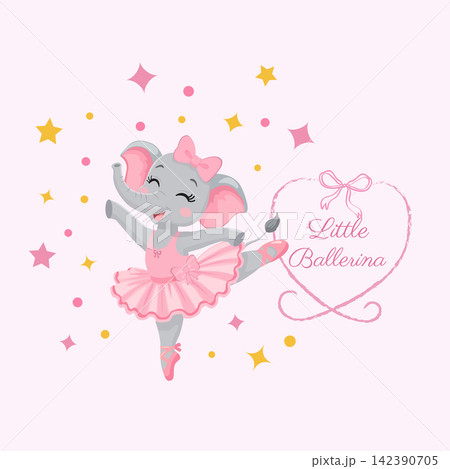 A cute little ballerina elephant is dancing in a pink tutu with hearts and stars. A cute little ballerina elephant is dancing in a pink tutu with hearts and stars. 142390705