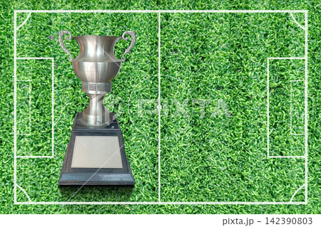 front view metallic silver trophy on the left side of a graphic depicting a soccer pitch on green grass background, champion, object, play, football, copy space front view metallic silver trophy on the left side of a graphic depicting a soccer pitch on green grass background, champion, object, play, football, copy space 142390803