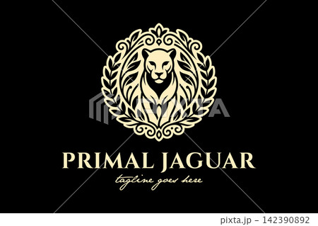 Primal jaguar head logo inside decorative floral laurel wreath for wildlife conservation and luxury apparel. Primal jaguar head logo inside decorative floral laurel wreath for wildlife conservation and luxury apparel. 142390892