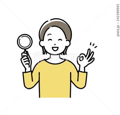 ルーペを持ってOKサインをする若い女性のイラスト ルーペを持ってOKサインをする若い女性のイラスト 142390945