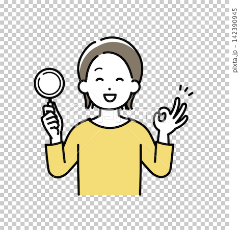 ルーペを持ってOKサインをする若い女性のイラスト ルーペを持ってOKサインをする若い女性のイラスト 142390945