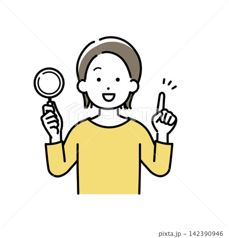 ルーペを持って説明をする若い女性のイラスト ルーペを持って説明をする若い女性のイラスト 142390946