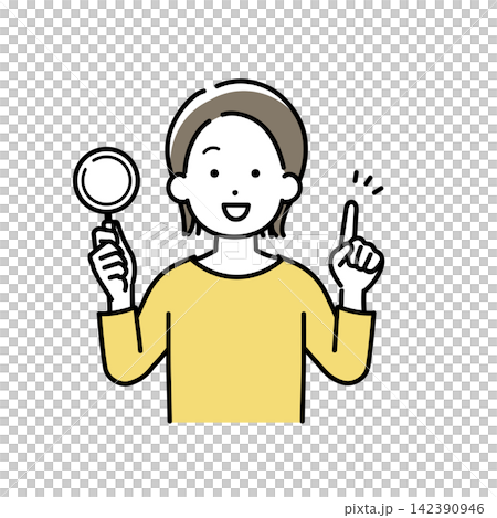 ルーペを持って説明をする若い女性のイラスト ルーペを持って説明をする若い女性のイラスト 142390946