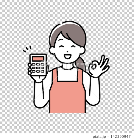 電卓を持ってOKサインをする主婦(保育士、家事代行)のイラスト 電卓を持ってOKサインをする主婦(保育士、家事代行)のイラスト 142390947