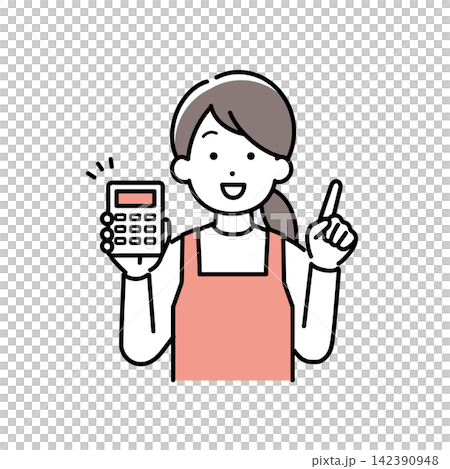 電卓を持って説明する主婦(保育士、家事代行)のイラスト 電卓を持って説明する主婦(保育士、家事代行)のイラスト 142390948