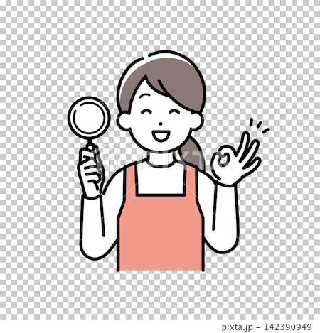 ルーペを持ってOKサインをするエプロンを付けた主婦(保育士、家事代行)のイラスト ルーペを持ってOKサインをするエプロンを付けた主婦(保育士、家事代行)のイラスト 142390949