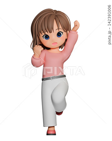 3D CG｜茶髪のセミロングヘアの若い女性が笑顔で拳を上げて片足で立つポーズ 142391006