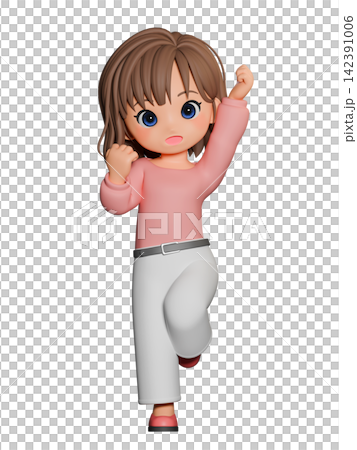 3D CG｜茶髪のセミロングヘアの若い女性が笑顔で拳を上げて片足で立つポーズ 142391006