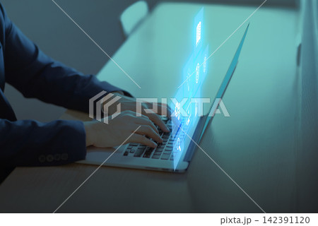 E-learning Education. data protection. Businessman uses laptop learning online education training webinar on internet for personal development and professional qualifications.. E-learning Education. data protection. Businessman uses laptop learning online education training webinar on internet for personal development and professional qualifications.. 142391120