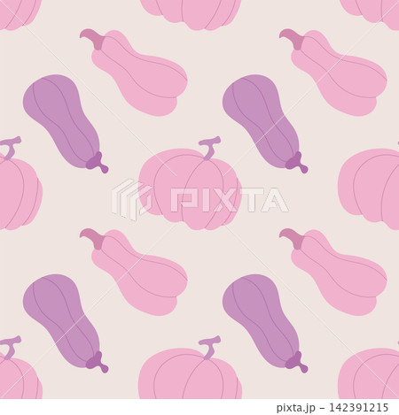 Seamless pastel autumn pattern featuring pink and purple pumpkins and gourds Seamless pastel autumn pattern featuring pink and purple pumpkins and gourds 142391215