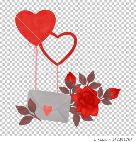 A romantic composition for a corner. Red and pink tones. Flowers, roses, hearts, a letter, an envelope. Love. Watercolor, pastels. In a flat style A romantic composition for a corner. Red and pink tones. Flowers, roses, hearts, a letter, an envelope. Love. Watercolor, pastels. In a flat style 142391764