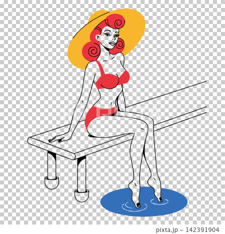 The image shows a retro-style vector illustration depicting a pin-up girl The image shows a retro-style vector illustration depicting a pin-up girl 142391904