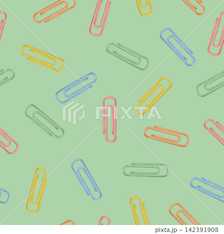 Watercolor seamless pattern with colorful paper clips scattered. Stationery. Traditional symbol of the first of September, knowledge day, back to school season Watercolor seamless pattern with colorful paper clips scattered. Stationery. Traditional symbol of the first of September, knowledge day, back to school season 142391908