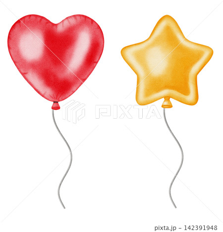 Watercolor illustration red heart, yellow star shaped balloons set isolated on white background. Festive helium balloons for birthdays, anniversaries, party invitations, children's design, cardmaking 142391948