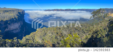 Panoramic low hanging cloud in the Jamison Valley in Wentworth Falls Panoramic low hanging cloud in the Jamison Valley in Wentworth Falls 142391983