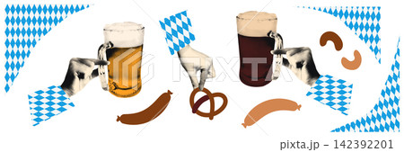 Trendy Oktoberfest art collage elements set. Cut out hands holding glass beer mug and doodle pretzel, sausage and torn paper edges with checkered pattern. Modern retro vector illustration isolated Trendy Oktoberfest art collage elements set. Cut out hands holding glass beer mug and doodle pretzel, sausage and torn paper edges with checkered pattern. Modern retro vector illustration isolated 142392201
