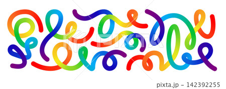Abstract line shape, color gradient curvy object background. 3d graphic pattern arow element. Happy birthday confetti curly waves vector design. Thick fluid liquid paint change path. Long spiral swirl 142392255