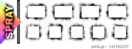 Stencil paint border, spray graffiti frame, grunge vector frame. Rectangular bg with ink splatter, square shape brush stamp, airbrush boarder. Line spray and splash, dotted stroke, rough wall graffiti 142392257