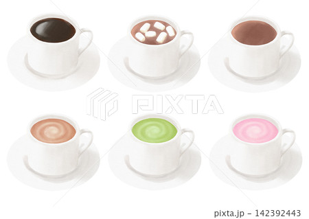 水彩で描いたカフェドリンクセット 142392443