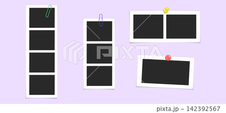 Four slot picture frame template for photo collages. Retro album mockup with paper borders and tape, ideal for vintage scrapbook designs and gallery walls. 142392567