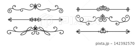 Elegant vintage ornament with flourishing baroque details. Perfect decorative frame for wedding invitations, certificates, and ornate typographic designs with classic flourish elements. 142392570