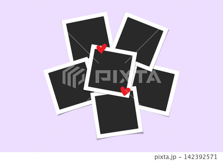Six blank picture frames arranged in heart pattern, retro instant film style with tape accents, perfect mockup for nostalgic photo displays and albums 142392571