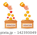 Donation charity box, donate money. Hand putting gold dollar coins, heart in fund cardboard package. Financial assistance, finance volunteer contribution, social community support, gift, help. Vector 142393049
