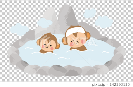 一幅猴子一家在溫泉裡沐浴的插圖。 一幅猴子一家在溫泉裡沐浴的插圖。 142393130