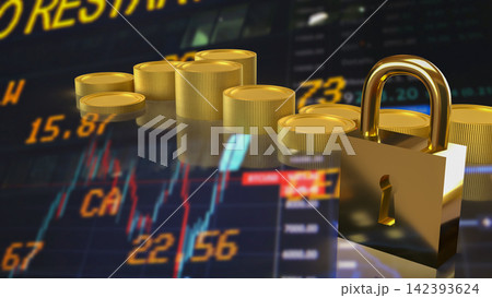 Golden Padlock Protecting Financial Investments 3d render. Golden Padlock Protecting Financial Investments 3d render. 142393624