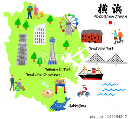 横浜の手描きの観光スポットと観光客イラストマップ（八景島付） 142394247