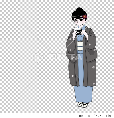 A woman in a kimono holding a cat-shaped hand warmer as a winter cold weather measure. A woman in a kimono holding a cat-shaped hand warmer as a winter cold weather measure. 142394516